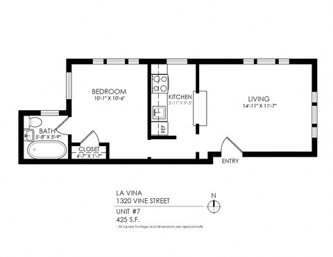 Floor plan for 1 bed, 1 bath, 465 sqft